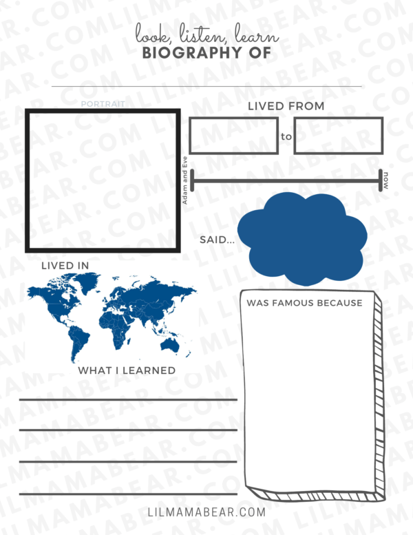 Compile information on important people with these printable biography worksheets for preschool, kingergarten, first grade, and second grade. Have students complete independently or have young students dictate information and draw pictures.