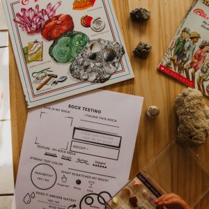 1 page rock testing worksheet with space for documenting size, geographical location, color, magnetism, texture, hardness, streak color, acidity, and absorption rate.