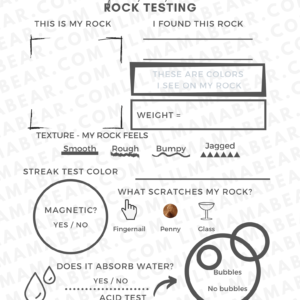 1 page rock testing worksheet with space for documenting size, geographical location, color, magnetism, texture, hardness, streak color, acidity, and absorption rate.